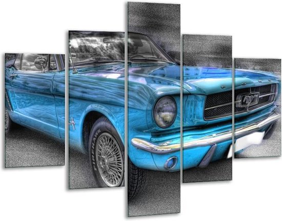 Glasschilderij -  Mustang - Zwart, Grijs, Blauw - 100x70cm 5Luik - Geen Acrylglas Schilderij - GroepArt 6000+ Glasschilderijen Collectie - Wanddecoratie- Foto Op Glas
