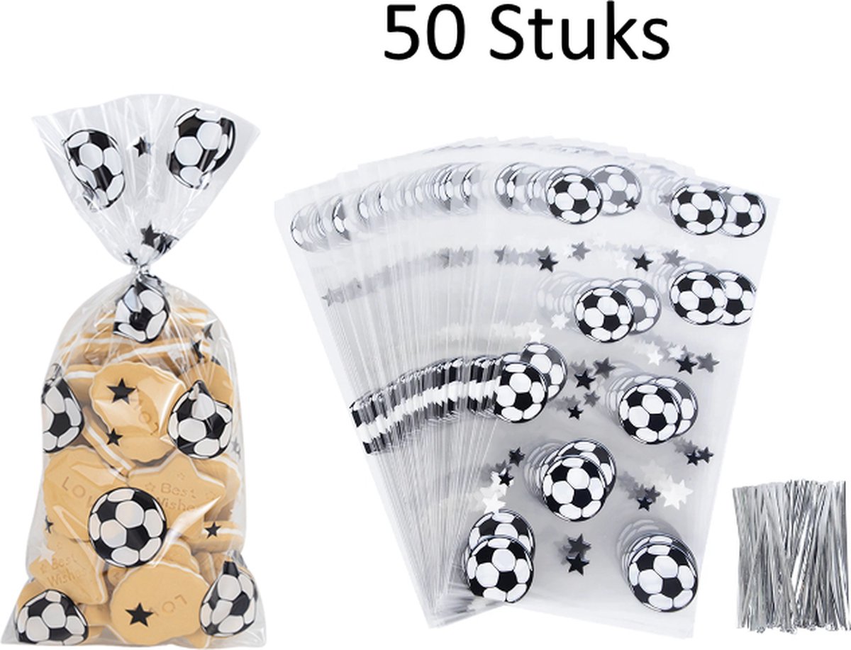 METIWA - 50x Zakjes Voetbal Met Sluitstrips - Uitdeelzakjes - Trakteerzakjes - Uitdeelzakjes Voetbal - Voetbal Traktatie - Snoepzakjes