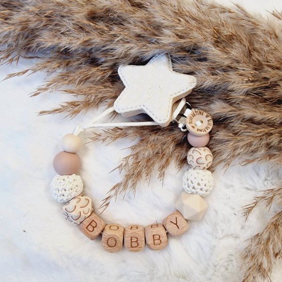 Blue or Pink - Speenkoord met naam - Creme/Zand/Hout- Ster - Speenketting - Unisex - Gepersonaliseerd - Kraamcadeau