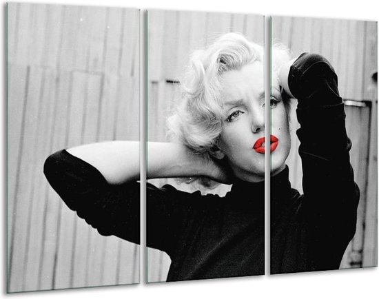 Glasschilderij Marilyn Monroe - Grijs, Zwart, Rood - 120x80cm 3Luik - Foto Op Glas - Geen Acrylglas Schilderij - GroepArt 6000+ Glas Art Collectie - Maatwerk Mogelijk