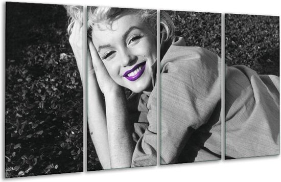 GroepArt - Glasschilderij - Marilyn Monroe - Grijs, Zwart, Paars - 160x80cm 4Luik - Foto Op Glas - Geen Acrylglas Schilderij - 6000+ Glasschilderijen Collectie - Wanddecoratie