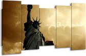 GroepArt - Canvas Schilderij - Vrijheidsbeeld, New York - Grijs, Geel, Bruin - 150x80cm 5Luik- Groot Collectie Schilderijen Op Canvas En Wanddecoraties