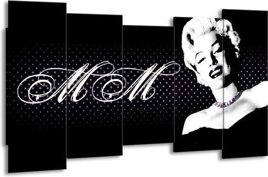 GroepArt - Canvas Schilderij - Marilyn Monroe - Zwart, Wit, Paars - 150x80cm 5Luik- Groot Collectie Schilderijen Op Canvas En Wanddecoraties