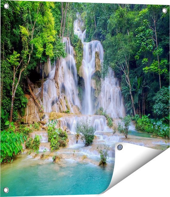 Gards Tuinposter Waterval bij een Vulkaan met Zonsondergang - 150x100