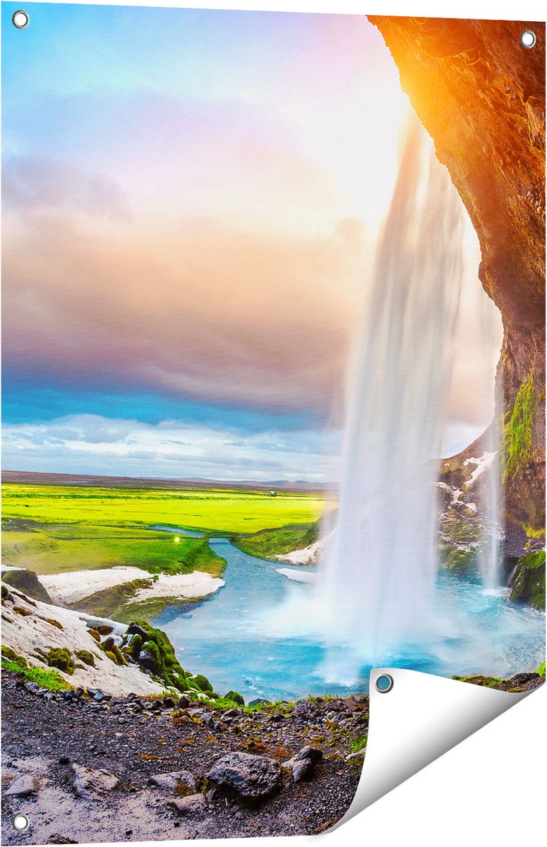 Gards Tuinposter Waterval van een Klif bij Zonsondergang - 60x80 cm - Tuindoek - Tuindecoratie - Wanddecoratie buiten - Tuinschilderij Multikleur