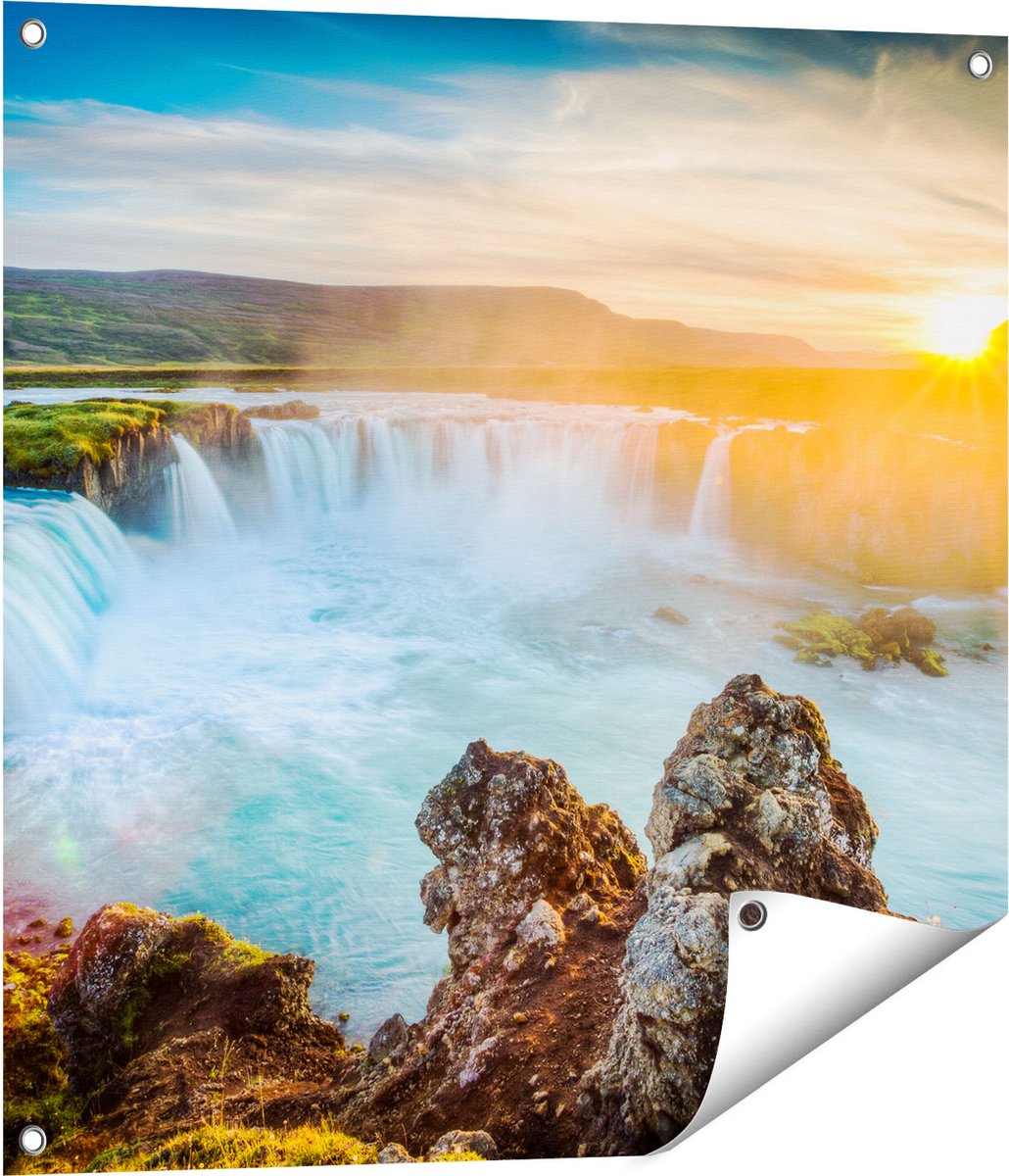 Gards Tuinposter Watervallen bij Zonsondergang - 70x70 cm - Tuindoek - Tuindecoratie - Wanddecoratie buiten - Tuinschilderij Multikleur