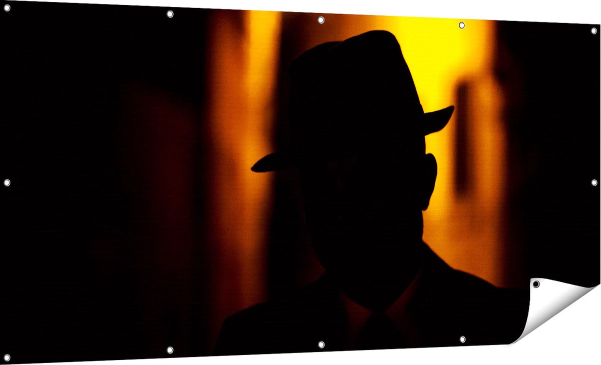 Gards Tuinposter Silhouet van een Man met een Hoed - 180x90 cm - Tuindoek - Tuindecoratie - Wanddecoratie buiten - Tuinschilderij Multikleur