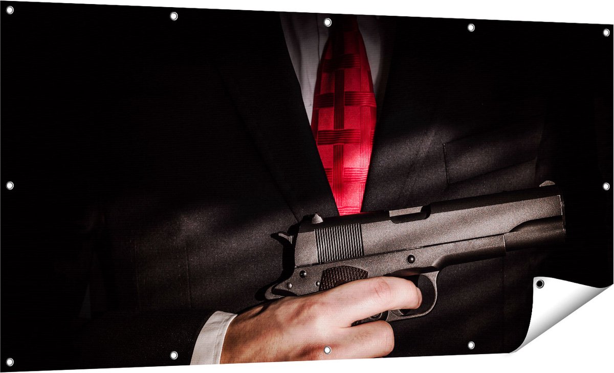 Gards Tuinposter Man van de Maffia met een Pistool Vast - 160x80 cm - Tuindoek - Tuindecoratie - Wanddecoratie buiten - Tuinschilderij Multikleur