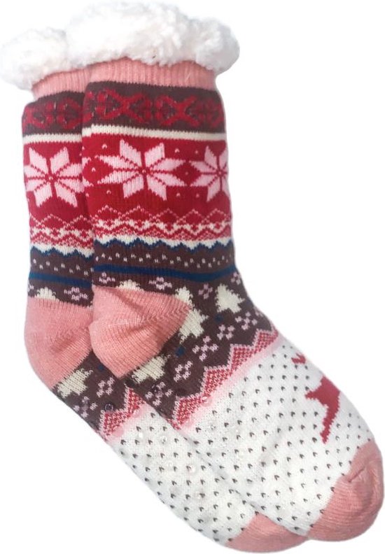 Merino Wollen sokken - Licht Roze met Sneeuwvlok/Rendier - maat 35/38 - Huissokken - Antislip sokken - Warme sokken – Winter sokken