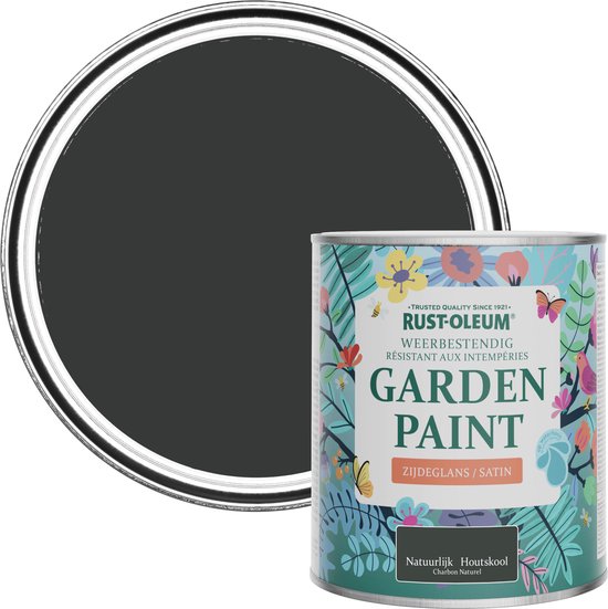 Blik Rust-Oleum Garden Paint, Natuurlijk Houtskool, met een ronde donkergrijze verfstaal ernaast.