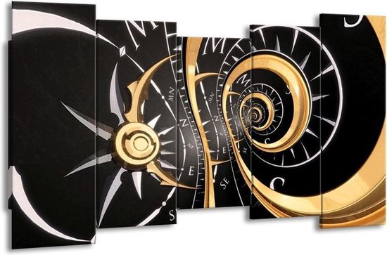 GroepArt - Canvas Schilderij - Abstract - Zwart, Goud, Wit - 150x80cm 5Luik- Groot Collectie Schilderijen Op Canvas En Wanddecoraties