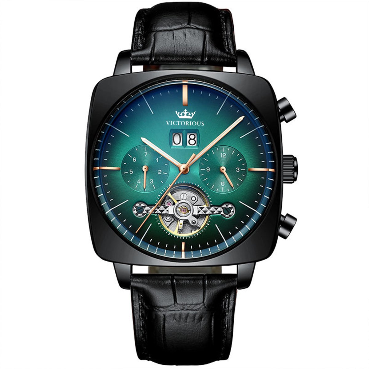 Victorious Zwart Leren Heren Horloge met Groen Staal - Ventus - Ø43mm