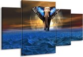 GroepArt - Schilderij -  Olifant - Blauw, Bruin - 160x90cm 4Luik - Schilderij Op Canvas - Foto Op Canvas