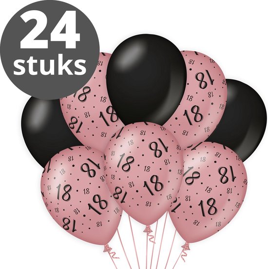 Verjaardag Versiering Pakket 18 jaar (24 stuks) Zwart en Roze - Ballonnen Roze & Zwart - Ballonnen Rose Goud / Black 18 jarige - Verjaardag 18 Birthday Meisje / Vrouw / Dames - Ballonnen verjaardag - Birthday Party Decoratie (18 Jaar)