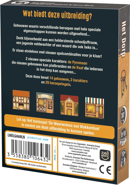 Doos met bordspeluitbreiding 'Het Dorp'. Bevat 14 gebouwen, 2 karakters en 29 beroepstegels. De illustraties tonen gebouwen en de tekst 'Het Dorp'.