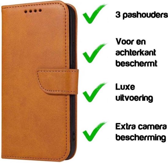 Bruin kunstleren telefoonhoesje met tekst: 3 pas­houders, Voor en achterkant beschermt, Luxe uitvoering, Extra camera bescherming.