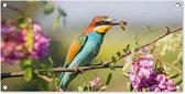 Tuinposter - Vogel - Takken - Bladeren - Bloemen - Planten - 80x40 cm - Tuinposter bloemen - Wanddecoratie - Tuindecoratie - Tuindoek