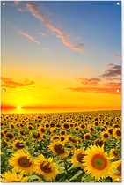Tuinposter bloemen - Tuindecoratie zonnebloem geel - 80x120 cm - Tuinschilderij voor buiten - Tuindoek zonsondergang - Wanddecoratie - Schuttingdoek natuur - Balkon decoratie - Muurdecoratie bloemenveld - Buitenschilderijen voor in de tuin