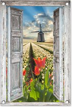 Tuinposter - Lente - Doorkijk - Bloemen - Molen - Tuin - Tuinschilderij - 40x60 cm - Tuindoek doorkijk