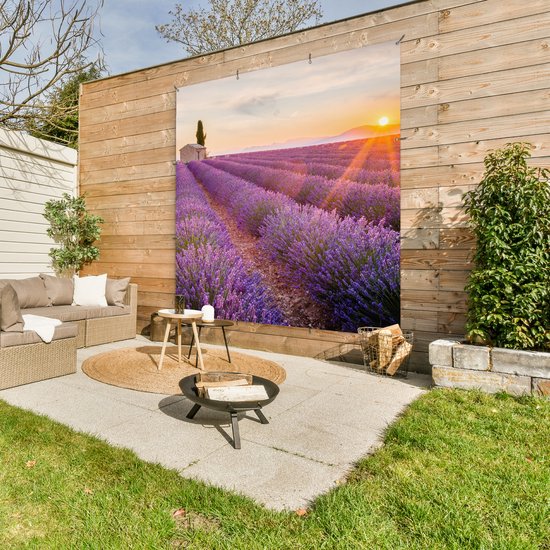 Affiche de jardin lavande - Coucher de soleil - Fleurs - Violet - Toile de jardin - Toile de clôture - Peinture jardin extérieur - Décoration clôture - 200x200 cm - Décoration de jardin - Jardin - Poster extérieur