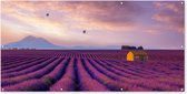 Tuinposter lavendel - Bloemen - Luchtballon - Paars - Landschap - Tuindecoratie - Tuinschilderij voor buiten - 200x100 cm - Schutting decoratie - Schuttingdoek - Tuin - Tuindoek - Buitenposter