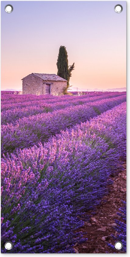 Tuinposter Lavendel - Zonsondergang - Paars - Bloemen - 30x60 cm - Tuindoek - Buitenposter