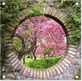 Tuinposter - Doorkijk - Sakura - Bloesem - Stenen - Bloemen - 50x50 cm - Schuttingposter - Tuinposter doorkijk - Tuindoek - Buitenposter