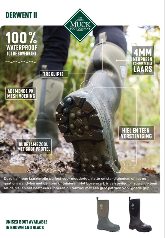Groene en zwarte Muck Boot Derwent II halfhoge laarzen met profielzool, geschikt voor modderig terrein.