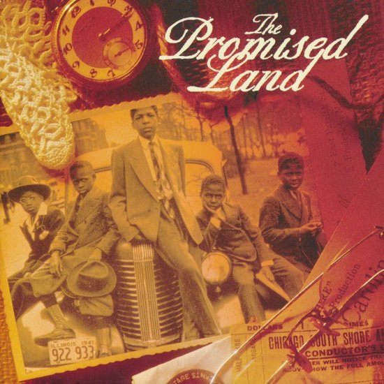 Jongemannen in nette pakken en hoeden, zittend op en rond een auto. Jaar 1941. De tekst 'The Promised Land' staat bovenaan.