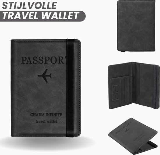 Stijlvol zwart reishoesje. Toont gesloten hoesje, open hoesje met kaartvakken en een hoesje van de zijkant.