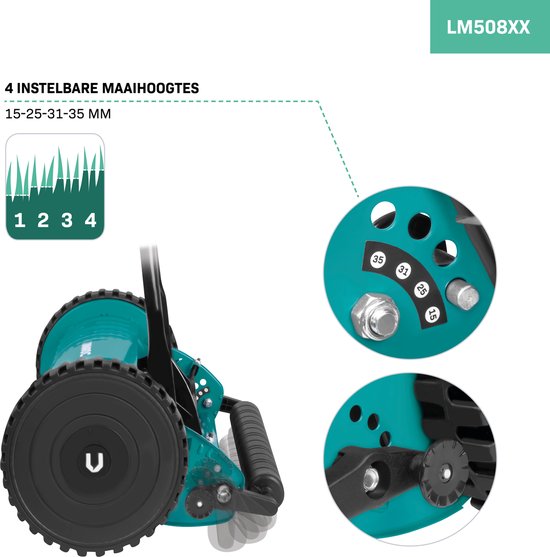 VONROC Kooimaaier – handgrasmaaier - 400mm - 4 instelbare maaihoogtes (15-25-31-35mm) incl. muurbeugel en opvangzak