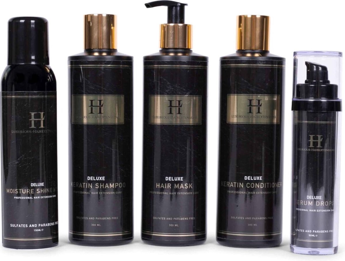 Combi Deluxe + Moisture Shine Mist + Deluxe Serum Drops Package Deal - Luxurious-Hairextensions - Haarverzorging - Sulfaat en Parabenen vrij - Keratine - Shampoo - Conditioner - Mask - SerumDrops - ShineMist - Voordeelset - te gebruiken op eigen haar