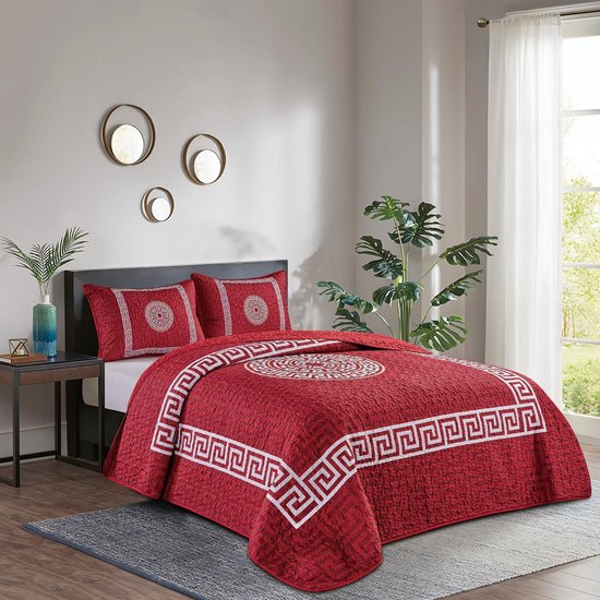 Parure de lit Luxe - Couvre-lit 220x240 - Kussensloop 2x 50x70 - Rouge avec détails chics