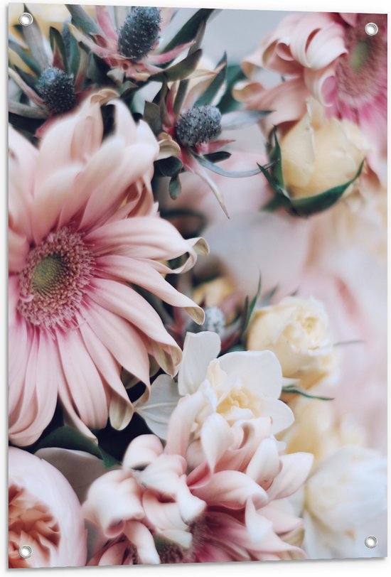 Tuinposter – Roze met Witte Bloemen van Dichtbij - 60x80 cm Foto op Tuinposter (wanddecoratie voor buiten en binnen)