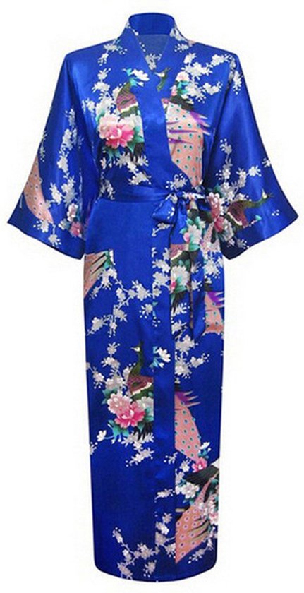 KIMU® Kimono Konings Blauw 3/4 - Maat XS-S - Yukata Satijn Onder de Knie - Driekwarts Blauwe Ochtendjas Japanse Kamerjas Sexy Satijnen Badjas Geisha Festival