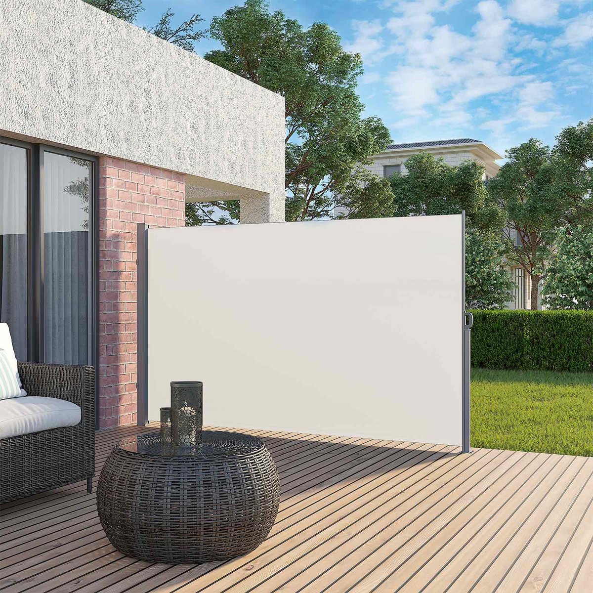 Signature Home Zijluifel, uittrekbaar, 2 x 3,5 m (H x L), voor balkon, terras en tuin, met vloerbeugel, privacyscherm, zonwering, zijjaloezie, beige - 200 x 350 cm