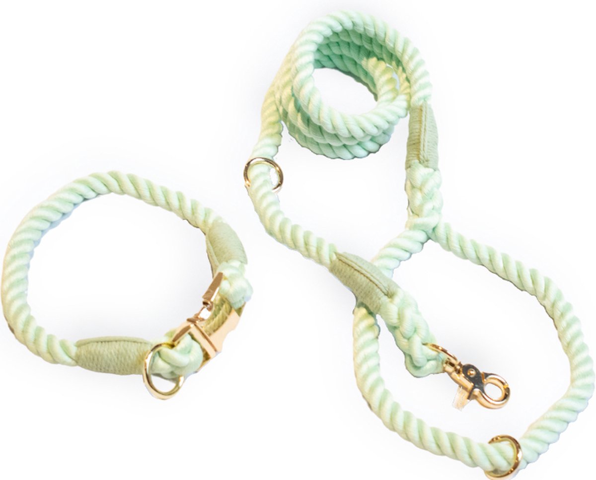 Meritosh Halsband M (35cm omtrek) + Leiband Set 100% Katoen Handgemaakt Mintgroen