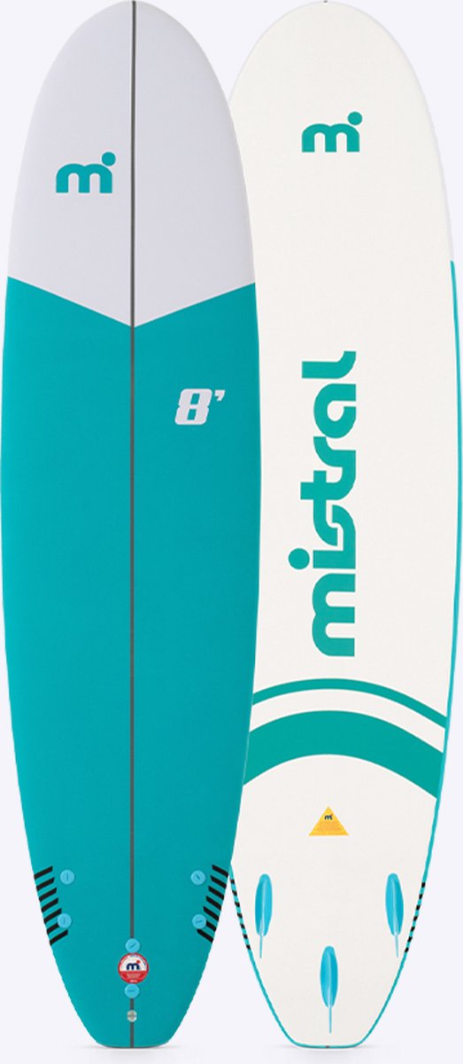 Mistral Bahia 8'0 | Soft Top Surfboard | Allround Mini Mal Surfboard | Blauw/Wit | 6,80 kg | Non-Slip Foam Deck | Incl. 3 Vinnen | Voor Beginners en Familie