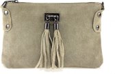 Leuke suede tasje met rits en schouderband - franjes aan voorkant kleur BEIGE