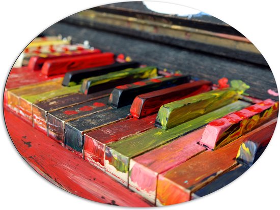 Dibond Ovaal - Pianotoetsen onder de Gekleurde Verf - 108x81 cm Foto op Ovaal (Met Ophangsysteem)