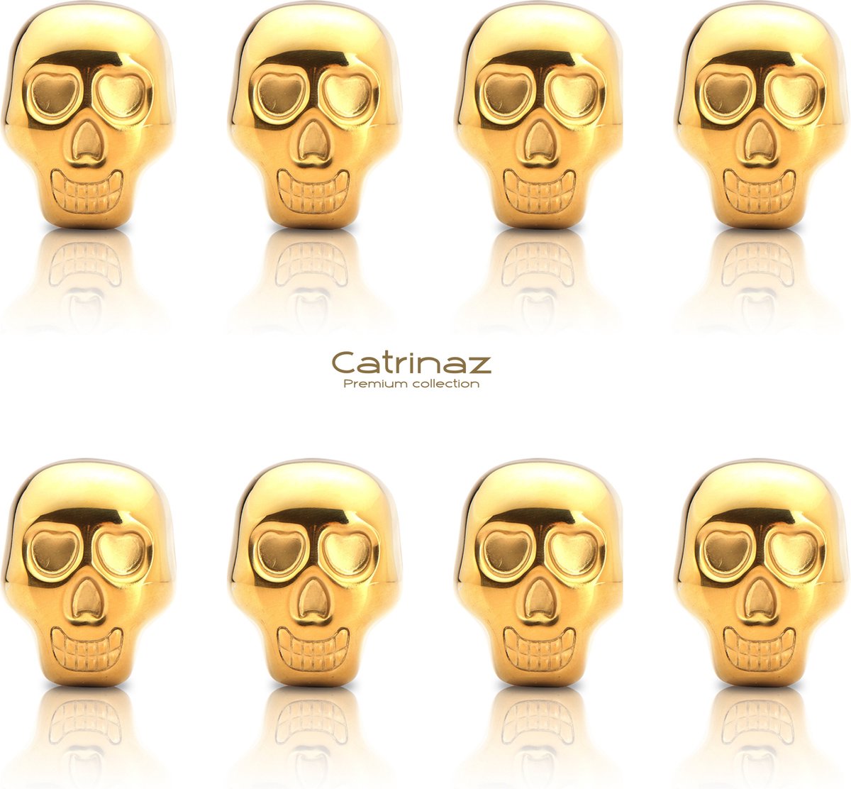 Catrinaz® Luxe Gouden Skull Whiskey Stones – 8 Roestvrijstalen Whiskey Stenen & Fluwelen Opbergzak