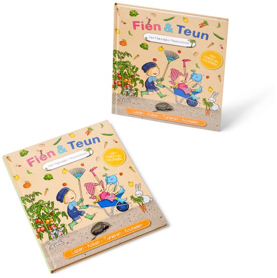 Twee boeken genaamd 'Fien & Teun', beide met een illustratie van kinderen die tuinieren, met wortels, tomaten en konijnen.