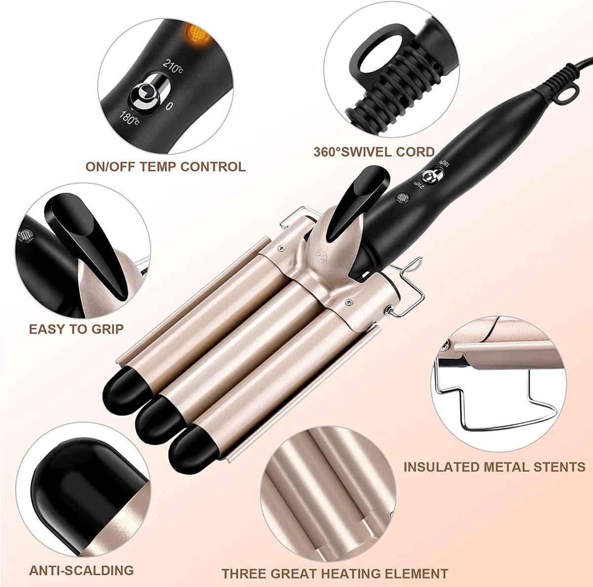 Intelectro Wafeltang 3 Barrels 25 mm Krultang zwart/goud - afbeelding 2