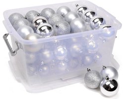 Christmas Gifts Kerstballen Set Zilver - 70 Stuks Kunststof Kerstballen - Incl. Kerstballen Opbergbox - Ø4/5/6 cm