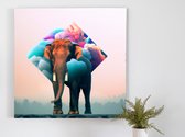 Kleurrijke Olifantenparade kunst - 80x80 centimeter op Canvas | Foto op Canvas - wanddecoratie