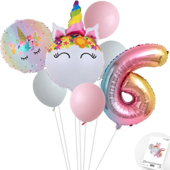 Eenhoorn Unicorn Sweet Color Ballonnen Set - Snoes - Cijfer Ballon 6 Jaar - Roze - Wit - Pastel