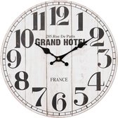 HAES DECO - Horloge Murale 34 cm Vintage Wit Zwart avec texte GRAND HOTEL - Cadran avec Chiffres - Klok Ronde en MDF - Horloge Murale à Suspendre Horloge de Cuisine