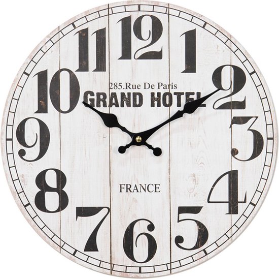 HAES DECO - Wandklok 34 cm Vintage Wit Zwart met tekst GRAND HOTEL - Wijzerplaat met Cijfers - Ronde MDF Klok - Muurklok Hangklok Keukenklok