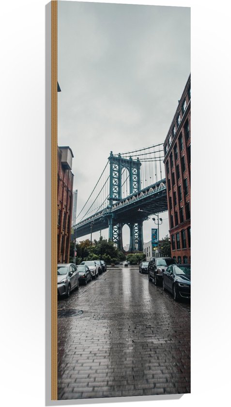 Hout - Straat met Manhattan Brug in New York - 40x120 cm - 9 mm dik - Foto op Hout (Met Ophangsysteem)