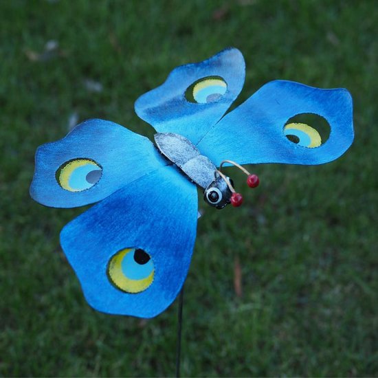 Lot De 2 Grandes Décorations Papillons Métal - Bleu Et Jaune 27x22cm Pour Jardin Et Extérieur